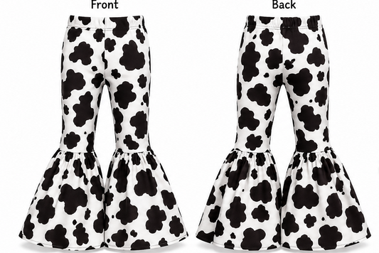 Kids Cow Print Bell Bottom Pants | Handmade Flare Pants with Ruffle Detail | Western Cowgirl Boutique Pants