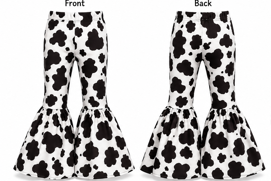 Kids Cow Print Bell Bottom Pants | Handmade Flare Pants with Ruffle Detail | Western Cowgirl Boutique Pants