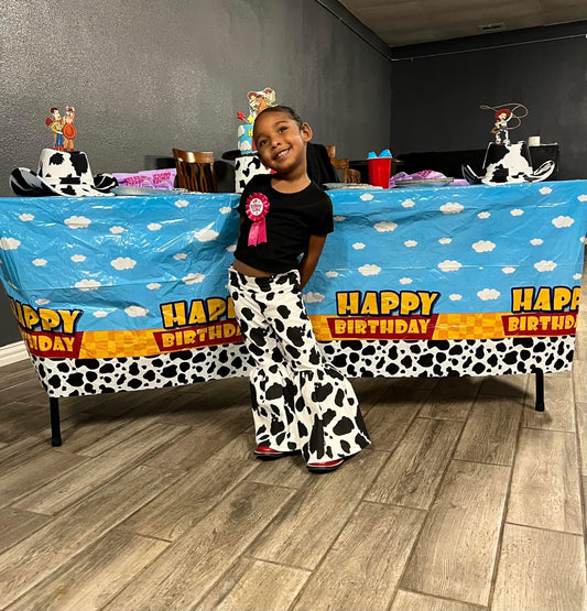 Kids Cow Print Bell Bottom Pants | Handmade Flare Pants with Ruffle Detail | Western Cowgirl Boutique Pants